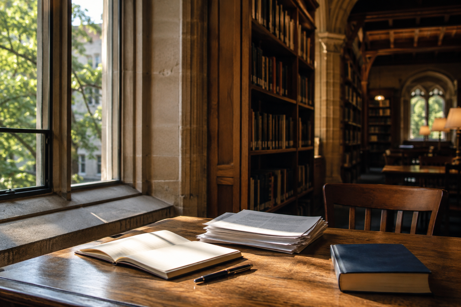 Morning light falling across a quiet library study desk